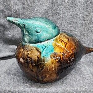 Unmarked Glossy Ceramic Abstract Bird Figurine Blue Brown Black 9in x 7in